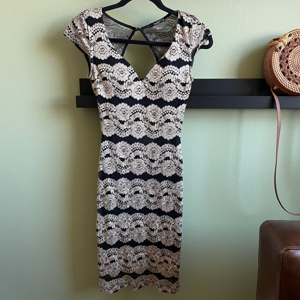Papaya black & gold exposed back body con dress